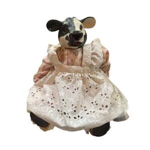 VTG Handcrafted Cow Doll Figurine Folk Art Ceramic Head, Eyelet Dress cottage